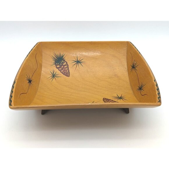1950's Vintage Glenwood, California Wood Trenched Dish w/ Hand Painted Pinecones - Picture 1 of 10